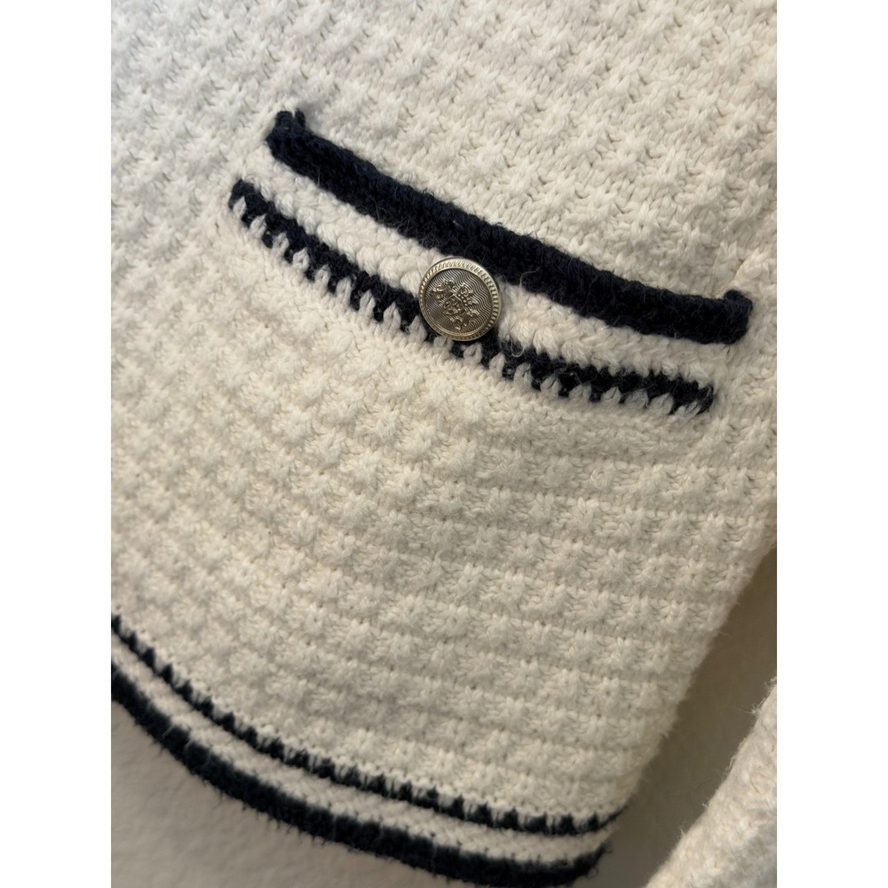 J Jill Wearever White Navy Textured Knit Cardigan Sweater S Tall Nautical - Picture 10 of 15